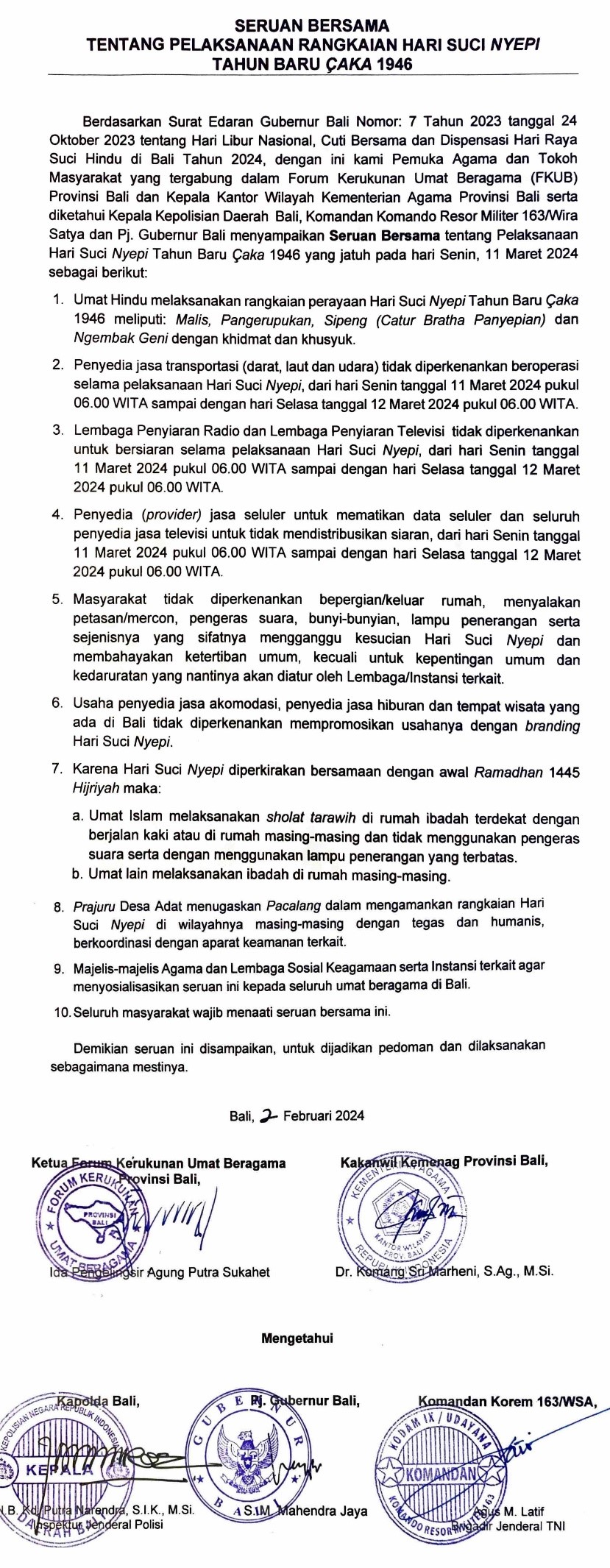 Surat Seruan Hari Raya Nyepi caka 1946
