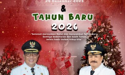 Banner ucapan selamat Hari Raya Natal Tahun 2025 dan Tahun Baru 2026 Bupati Tabanan Dr. I Komang Gede Sanjaya, S.E., M.M. bersama Jajaran Pemerintah Kabupaten Tabanan. (Foto: Hms Tabanan)