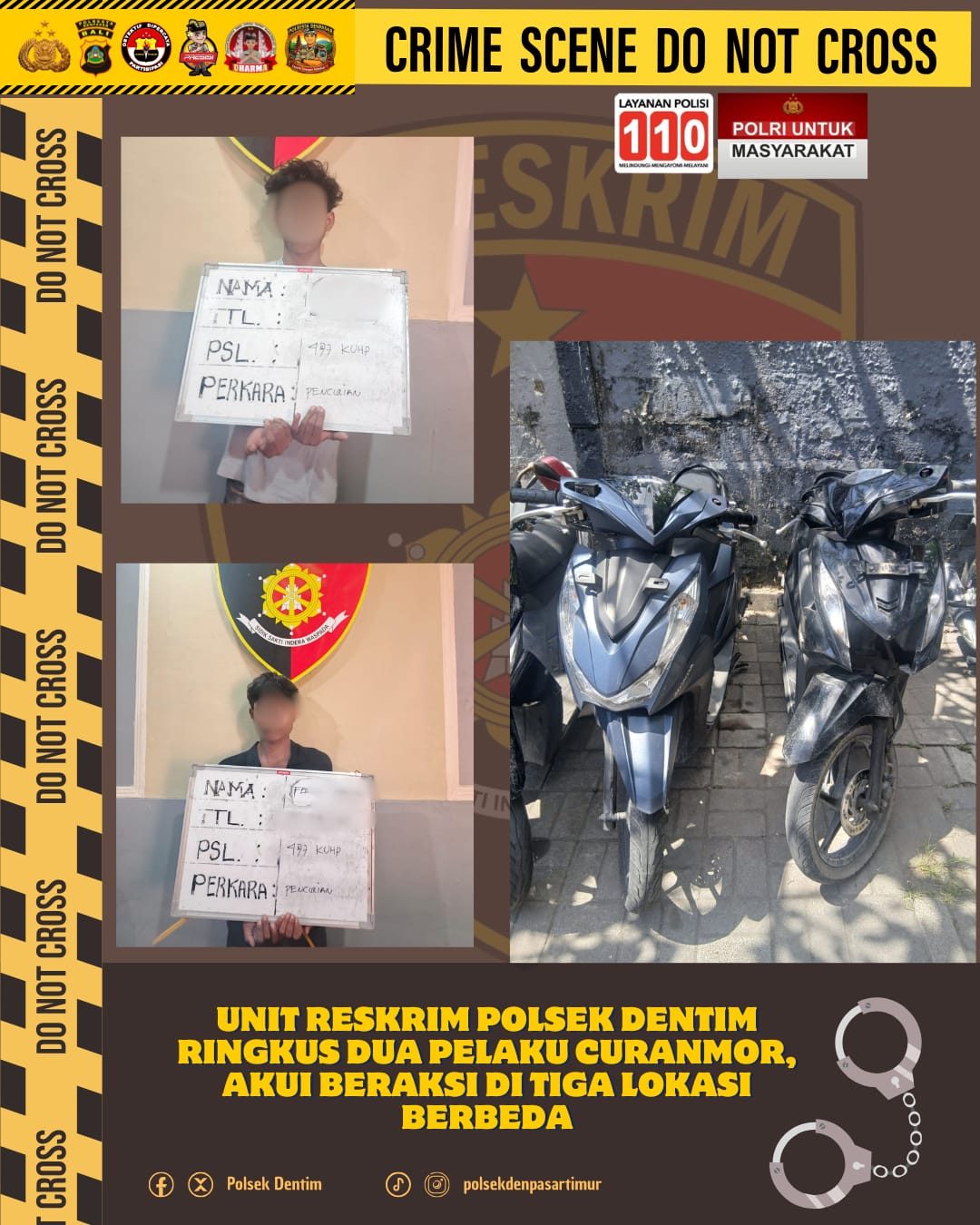 Unit Reskrim Polsek Denpasar Timur mengamankan dua pelaku curanmor beserta barang bukti hasil pencurian kendaraan bermotor di kawasan Lapangan Renon.