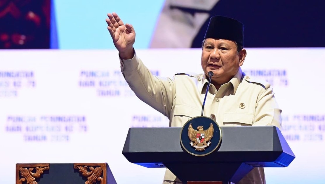 Presiden Prabowo Subianto menyampaikan pidato pada Peringatan Hari Koperasi ke-79 Tahun 2026 di Indonesia Arena, Jakarta.