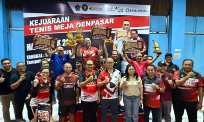 Penutupan Turnamen Tenis Meja Hari Pajak 2026 ditandai penyerahan piala, piagam, dan tabungan Bank BPD Bali di Graha Yowana Suci Denpasar