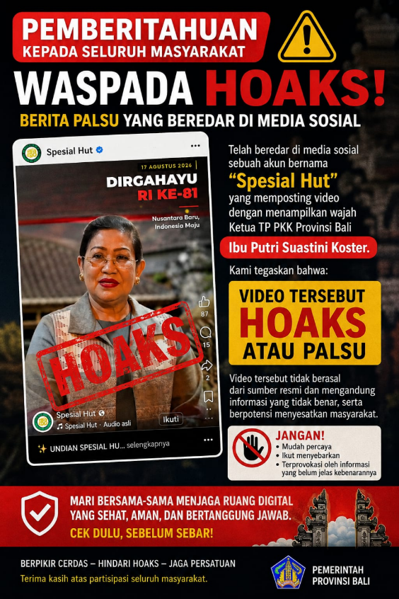 Banner peringatan hoaks terkait video manipulasi AI yang menampilkan Ny. Putri Suastini Koster mengumumkan undian berhadiah BPD Bali.
