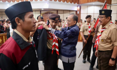Gubernur Bali Wayan Koster melepas Kontingen Pramuka Bali yang akan mengikuti Jambore Nasional XII di Gedung Wiswa Sabha Kantor Gubernur Bali.