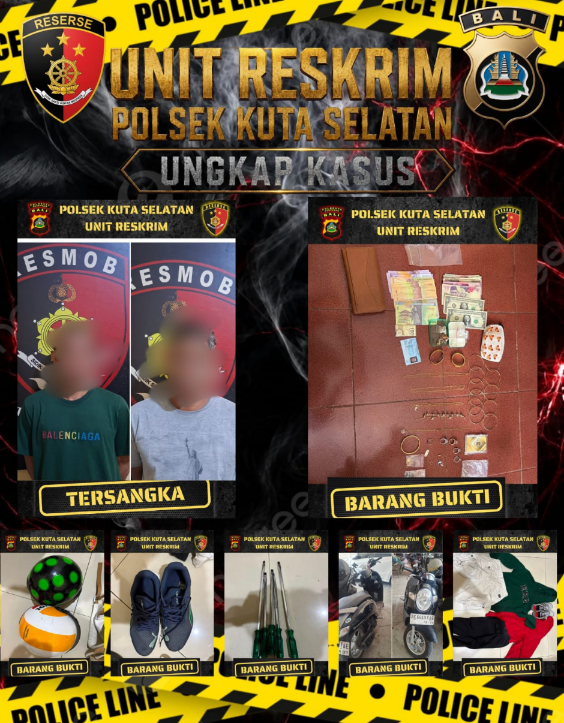 Polisi Polsek Kuta Selatan meringkus dua tersangka pelaku pencurian bersama barang bukti di Kampial Nusa Dua.
