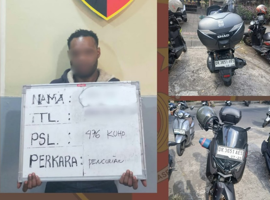 Unit Reskrim Polsek Denpasar Timur mengamankan pelaku pencurian sepeda motor Yamaha NMax di kawasan Lapangan Bajra Sandhi, Denpasar Timur.