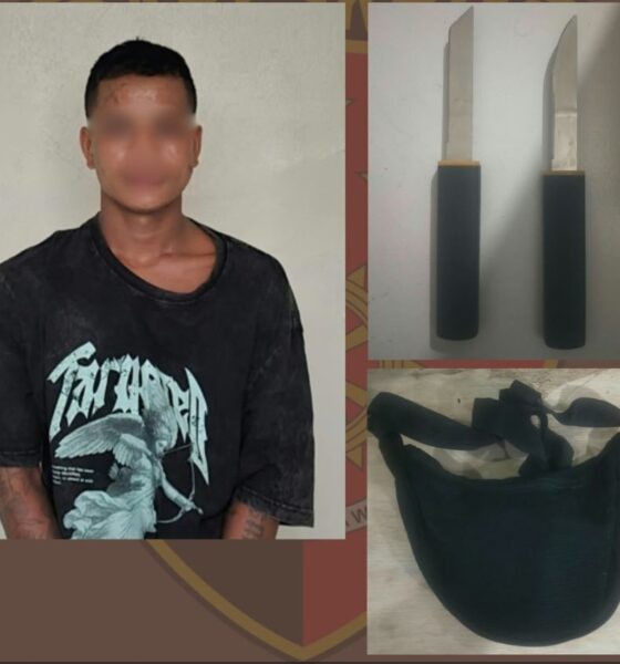 Terduga pelaku pembawa senjata tajam diamankan petugas Unit Reskrim Polsek Denpasar Timur bersama barang bukti pisau