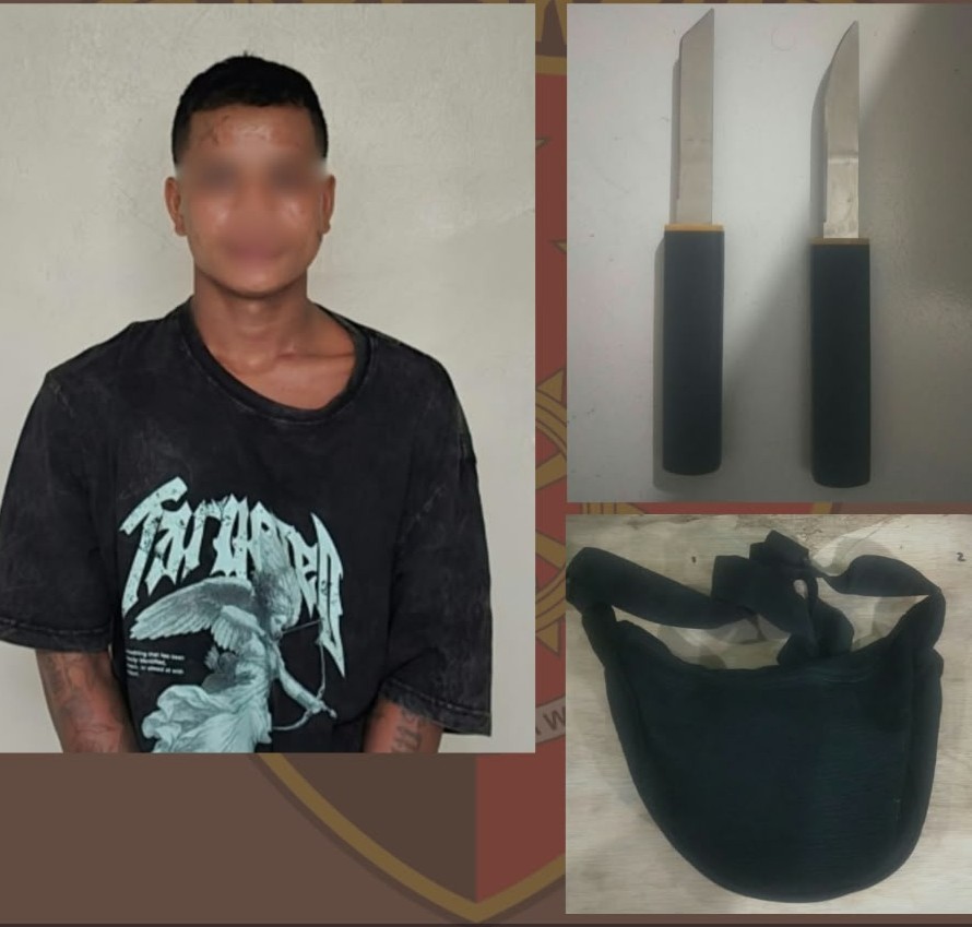 Terduga pelaku pembawa senjata tajam diamankan petugas Unit Reskrim Polsek Denpasar Timur bersama barang bukti pisau