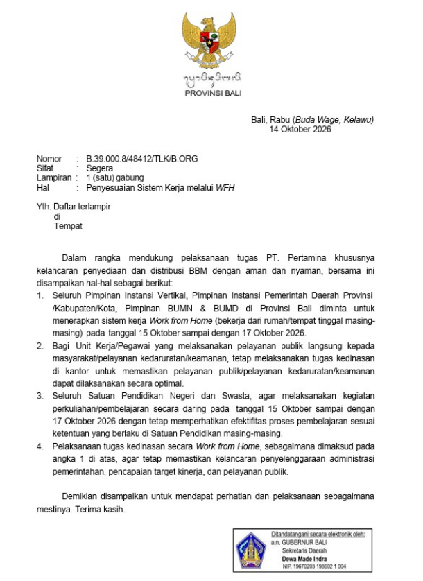 Surat Pemprov Bali tentang WFH Tiga Hari